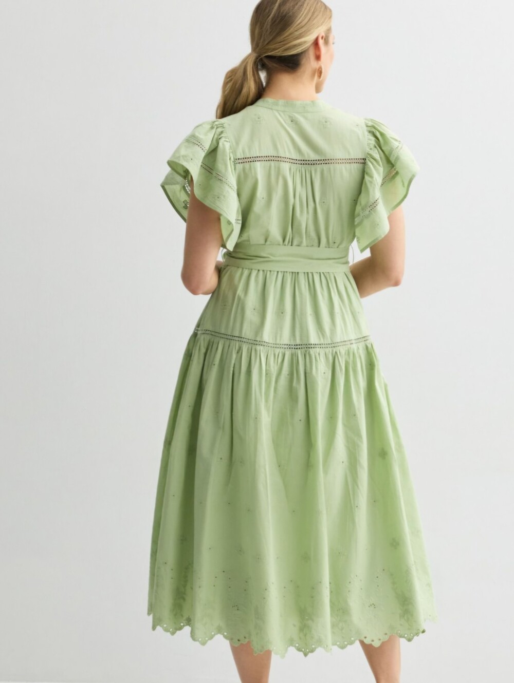 Farmers Market Sage Green Tie-Waist Eyelet Midi Dress | Size L - NWT - Picture 3 of 5